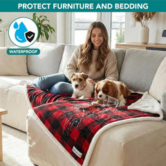 Waterproof Dog Blanket for Couch, Extra Large 80X60, Pee Proof Sherpa Fleece Reversible Pet Throw, Furniture Protector for Bed Sofa Crate Kennel, Soft Washable Cover for Dog Cat, Plaid Red